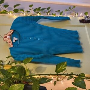 Women's Coldwater Creek Turquoise Blue Ribbed Sweater VISCOSE henley SP